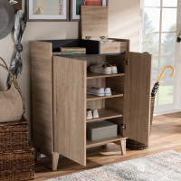 Baxton Studio SESC7008-Hana Oak-Shoe Cabinet Fella Mid-Century Modern Two-Tone Oak Brown and Dark Gray Entryway Shoe Cabinet with Lift-Top Storage Compartment